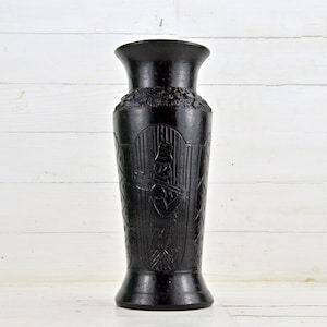 Vintage Ceramic Vase, Hand Painted Vase, Matte Black Ceramic Vase, Unique Ceramic Art