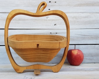 Retro Wooden Fruit Bowl: Collapsible Handmade Apple Basket