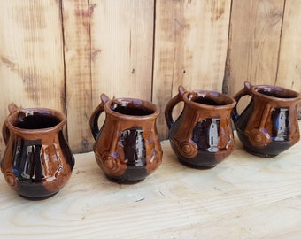 Set of 5 pieces of Ceramic Wine Glasses - Unique Wine Glasses - Bulgarian Pottery 70's - Painted Ceramic Mugs - Gift idea