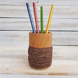Wood and genuine leather pen cup Vintage pencil holder cup Wood leather pencil cup holder Desktop organizer Leather desk decoration