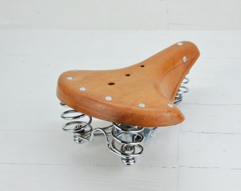 Vintage Brown Leather Bike Saddle | 1980s Spring Suspension Seat, NEWER USED