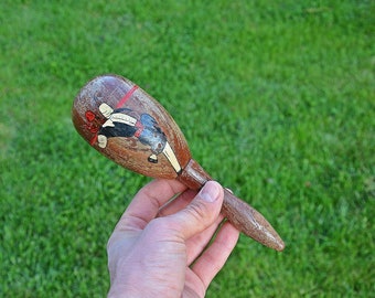 Vintage Maraca Shaker, Hand Painted Face Folk Art Instrument, Old Musical Instrument