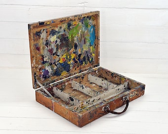 Vintage Artist Wooden Paint Box – Rustic Folding Artist Supply Case, 1960s