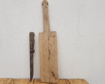 Antique wooden bread board, Set of big primitive bread board and primitive knife, Vintage board and knife, Primitive kitchen tools.