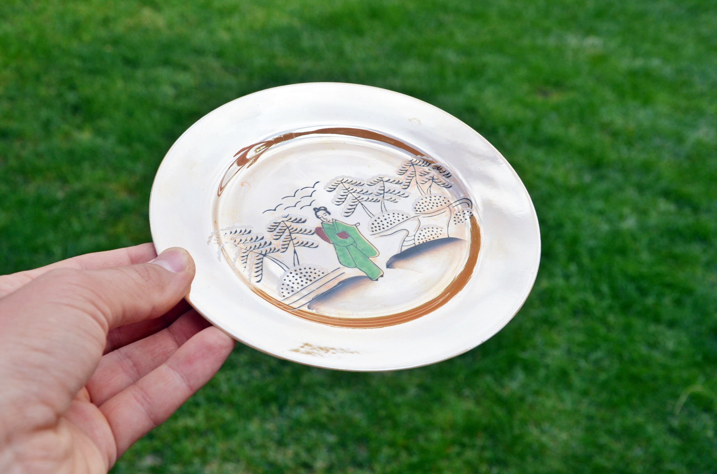 ヴィンテージの日本製陶器皿3枚セット：オレンジ装飾皿（6.89インチ