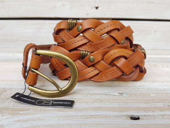 Ceinture Tressée Vintage 30 Mm - Coton Et Cuir - Ocre - Fabriquée En Italie (Neuf Avec étiquettes)