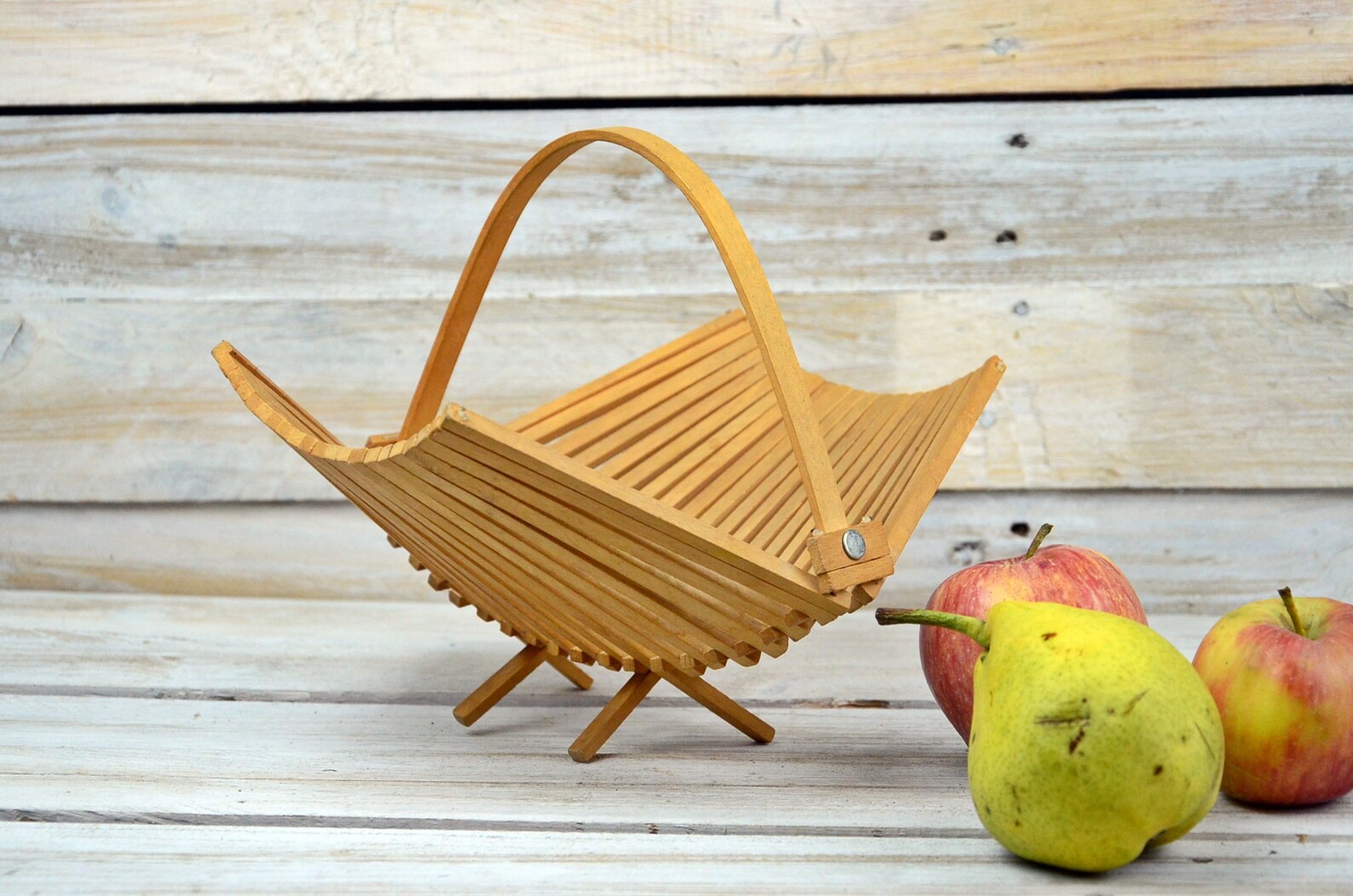 Vintage Wooden Folding Fruit Holder Mid Century Bowl Storage Etsy