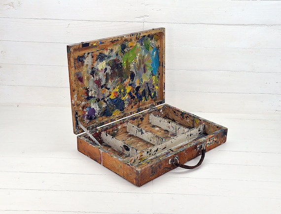Vintage Artist Wooden Paint Box – Rustic Folding Artist Supply Case, 1960s