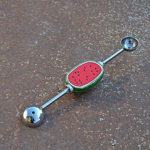 May include: A silver melon baller with a watermelon design on the handle. The tool has two round scoops on either end.
