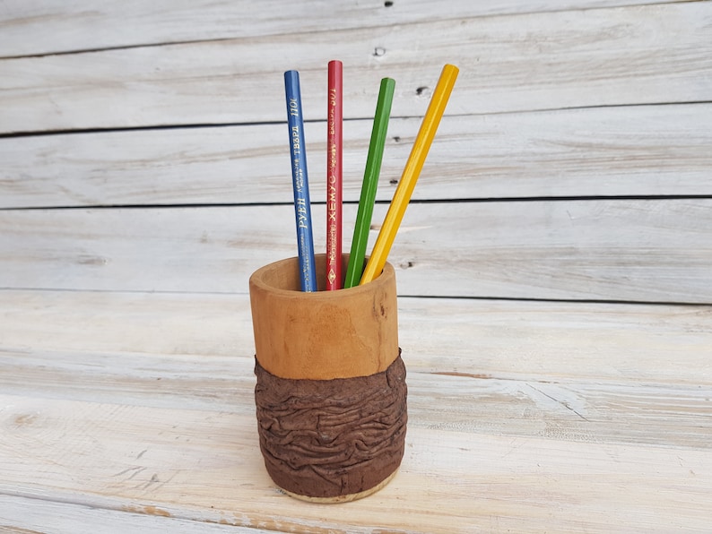 Wood and Genuine Leather Pen Cup Vintage Pencil Cup Holder Etsy