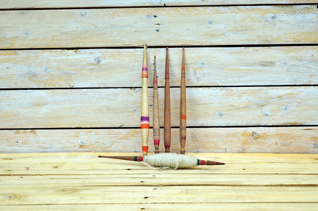 Antique Primitive Wooden Hand Carved Spindles for Weaving Wool Yarn Lot