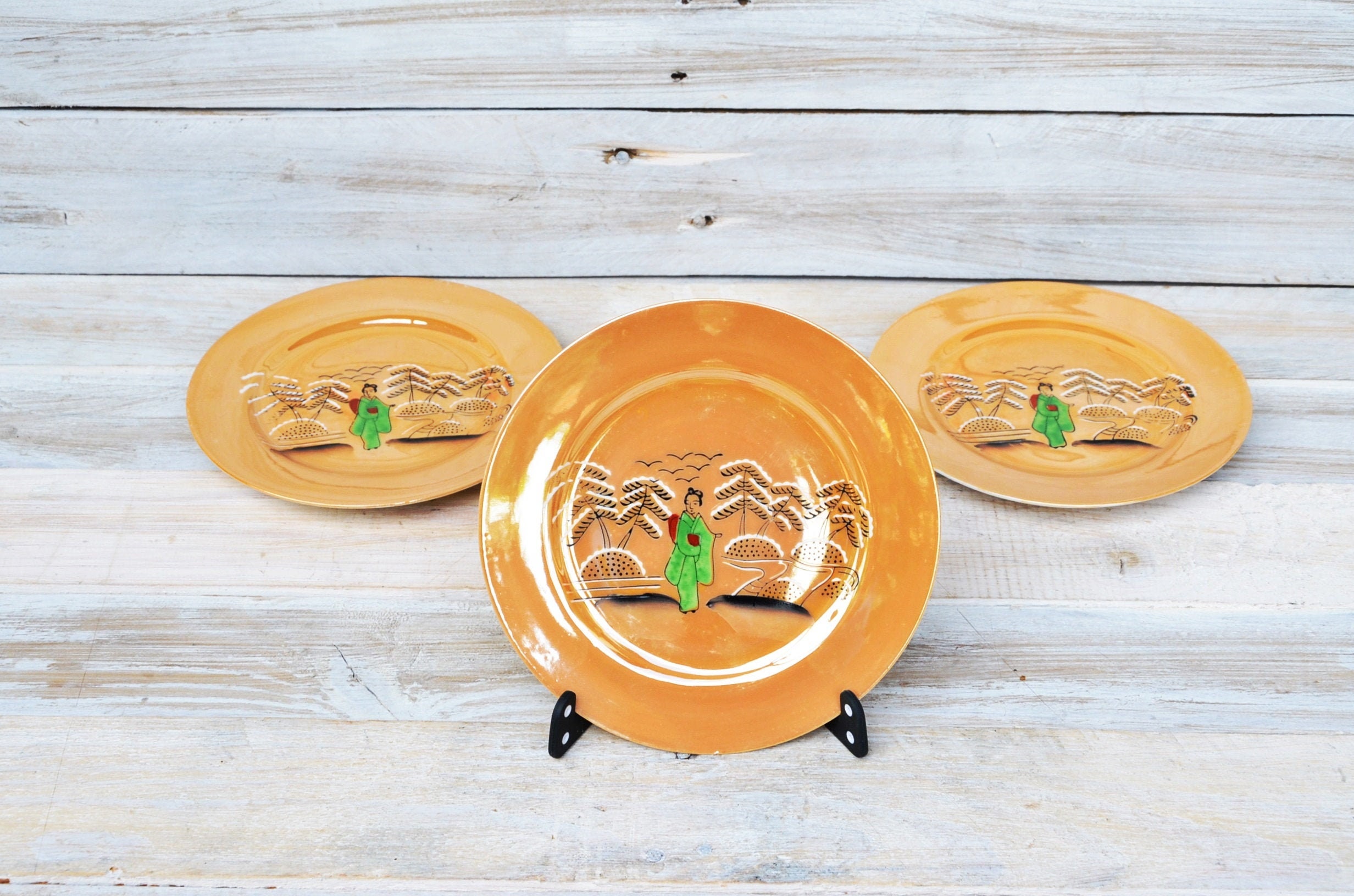 ヴィンテージの日本製陶器皿3枚セット：オレンジ装飾皿（6.89