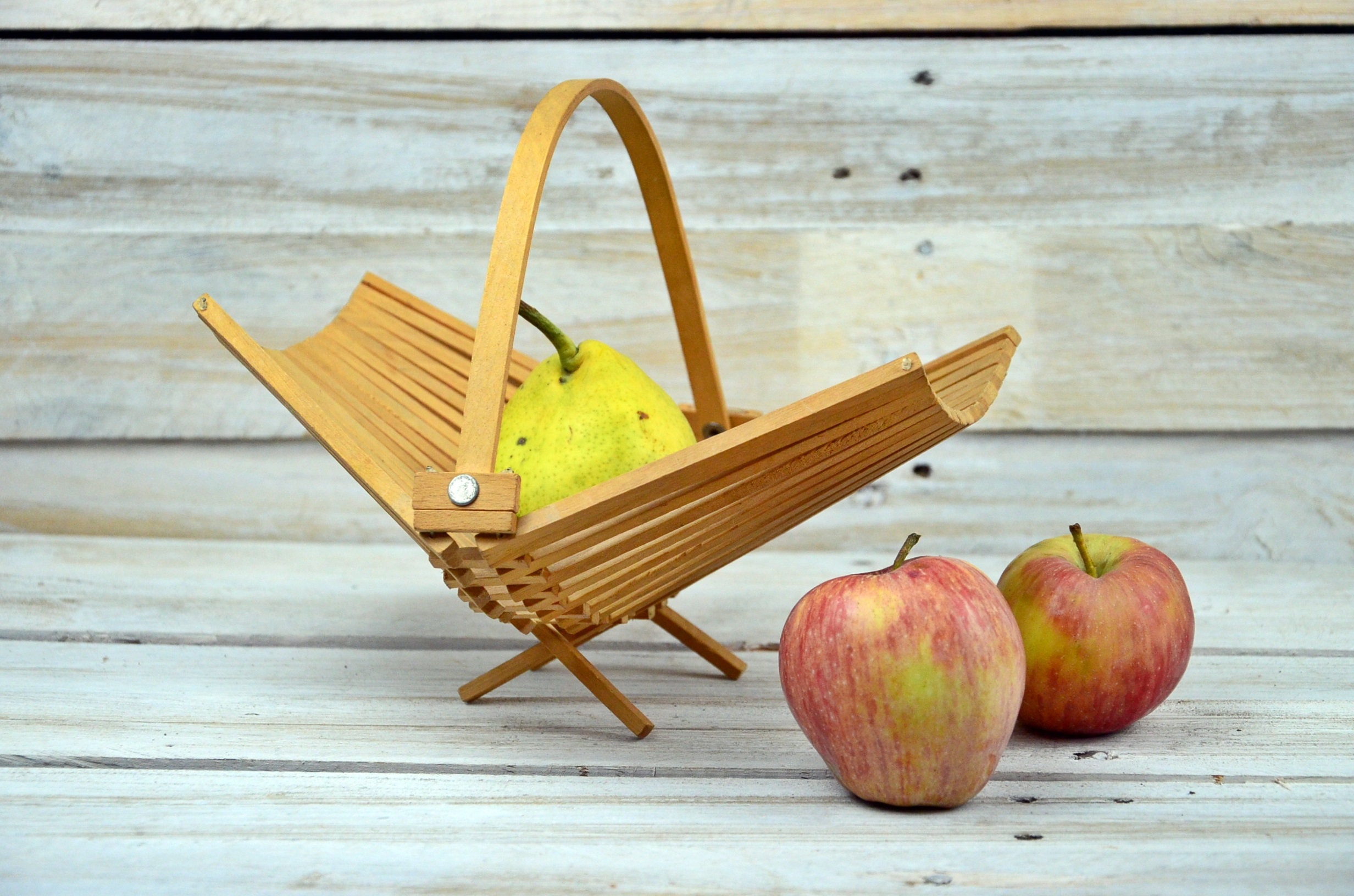 Vintage Wooden Folding Fruit Holder Mid Century Bowl Storage Etsy