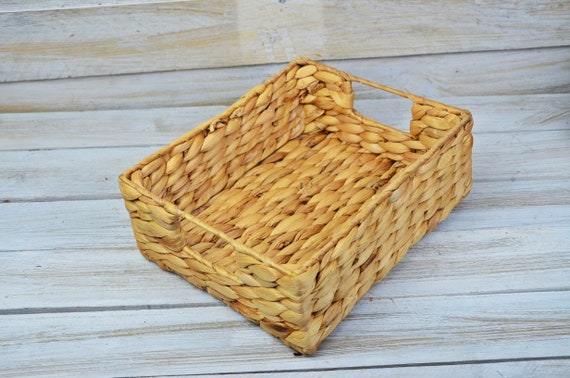 ヴィンテージの手編み籐バスケット：素朴な長方形収納（9.84 x