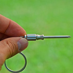 以下が含まれることがあります： 銀色の金属製キーホルダーで、小さなプラスドライバーが一体化しています。このツールは、テクスチャ加工されたグリップ部分を持つ円筒形のハンドルと、ネジを回すための十字型の先端で終わる細く真っ直ぐなシャフトを備えています。