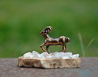 Zodiac Brass Aries Figurines on Aragonite Plate Polished Basic Semi-Precious Minerals for the Zodiac