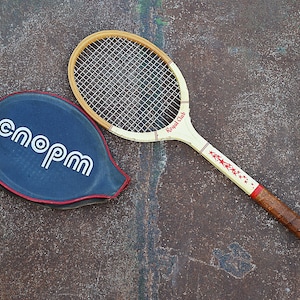 Raquete de madeira, raquete de tênis de madeira vintage, raquete de tênis elástica rara Artis, raquete de tênis antiga, decoração esportiva