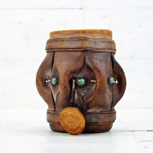 Wood and genuine leather pen cup, Vintage pencil holder cup Wood leather pencil cup holder, Desktop organizer, Leather desk decoration