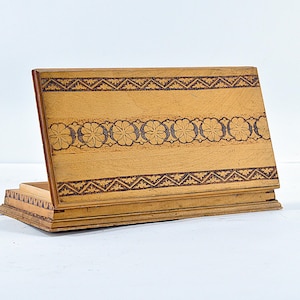Vintage Pyrography Wooden Box: Hand-Painted Jewelry, Pencil Storage