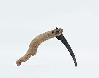 Hoz plegable vintage con mango de madera, herramienta de poda, cuchillo rústico de granja
