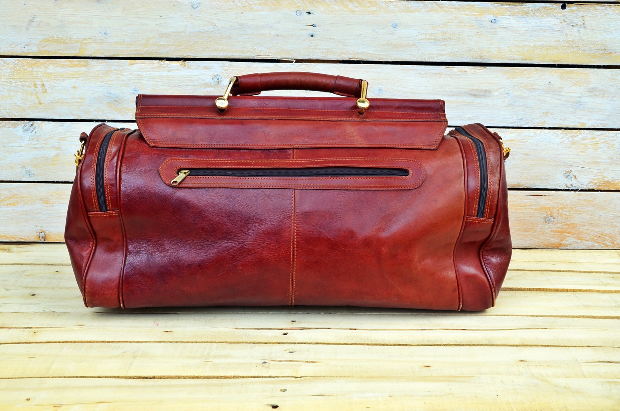 Big genuine leather travel bag Vintage bag with zipper Large | Etsy