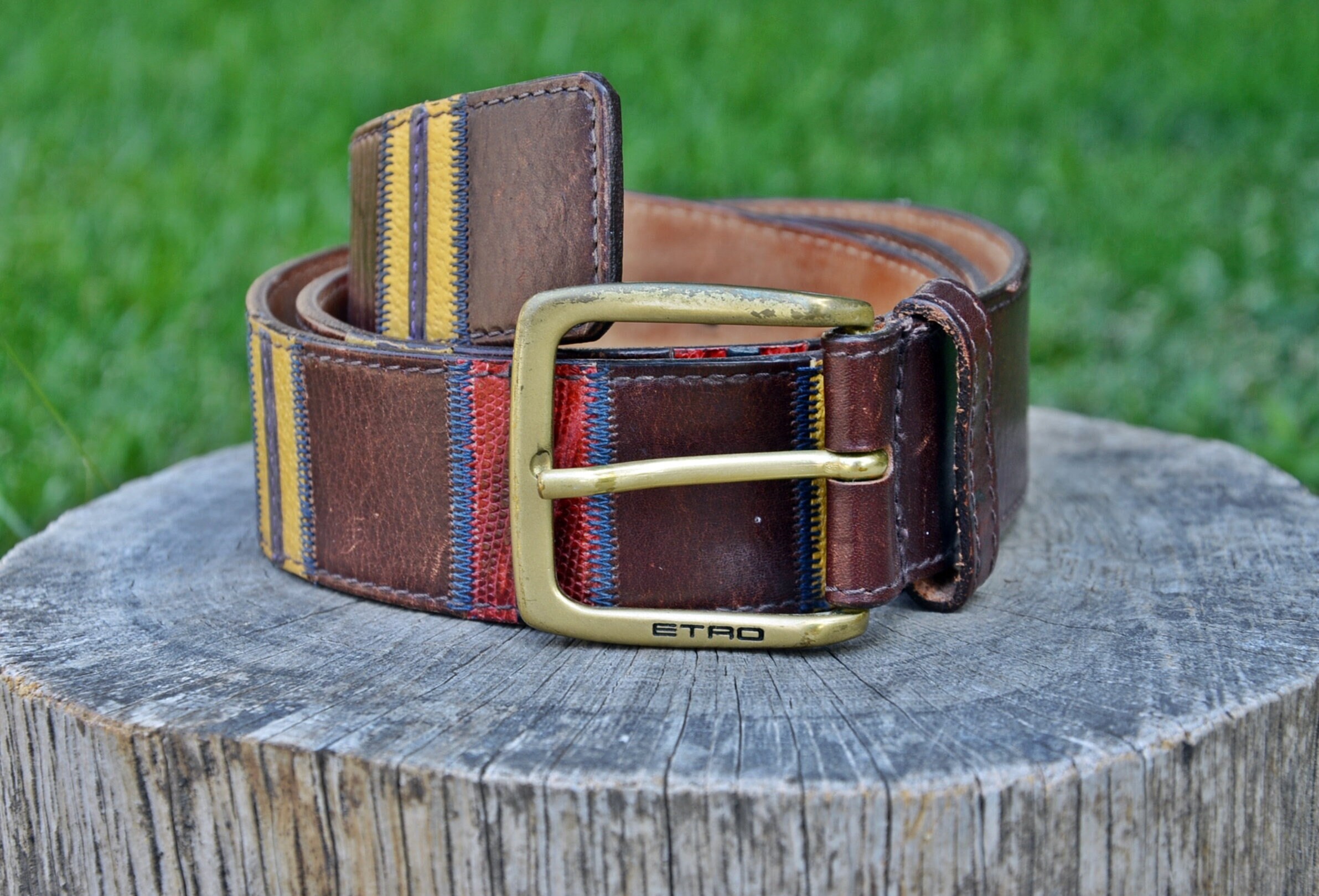 Vintage Italian Leather Belt – Multicolor Stripe, Gold ETRO