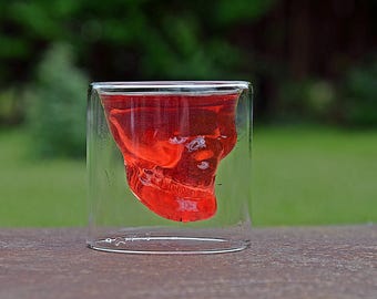 Handmade Skull Double Wall Glass Cup: Gothic Halloween Drinkware