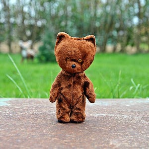 May include: A vintage brown teddy bear with a stitched nose and button eyes stands on a concrete surface. The plush toy is set against a blurred green background of grass and trees, creating a nostalgic feel.