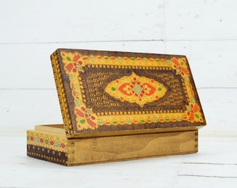Vintage Pyrography trälåda: Handmålad smyckesförvaring