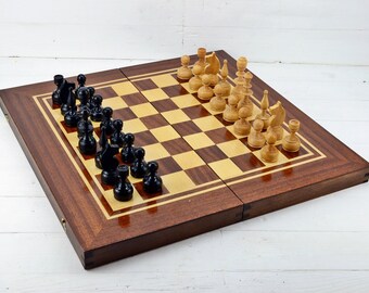 Vintage Handmade Wooden Chess and Backgammon Set: Large Folding Game