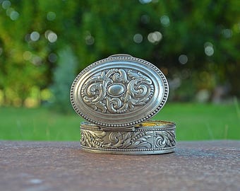 Vintage Ornate Metal Trinket Box, Hinged Lid, Gold Interior
