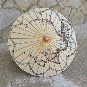 Vintage Japanese Paper Parasol – Hand-Painted Floral Rice Paper Umbrella, Jazz Age Decor