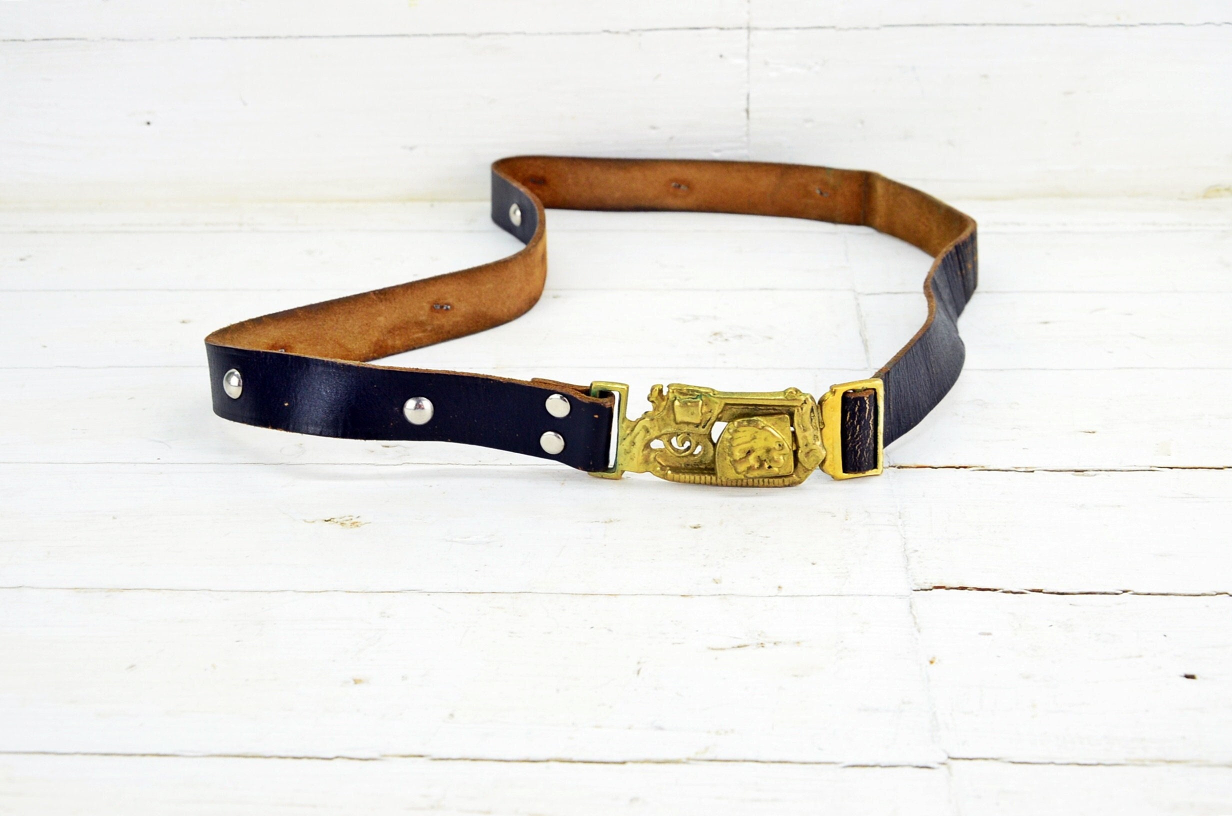 Vintage Genuine Leather Belt With Brass Buckle – 1960s  display picture 2