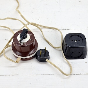 May include: A brown and white electric timer with a black knob, a black electrical outlet with two plugs, and a beige electrical cord.