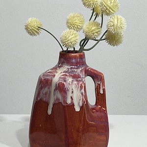 Red Ceramic Milk Jug Vase | Handmade Porcelain Bud Vase | Burgundy & Cream Pottery