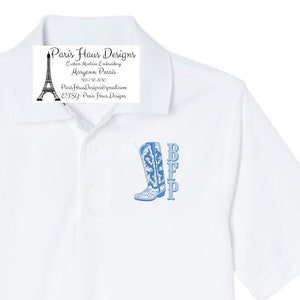 May include: White polo shirt with blue embroidered cowboy boot and the letters "BFFP" on the left chest.