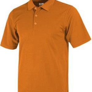 May include: A solid orange short-sleeved polo shirt with a button-down collar.