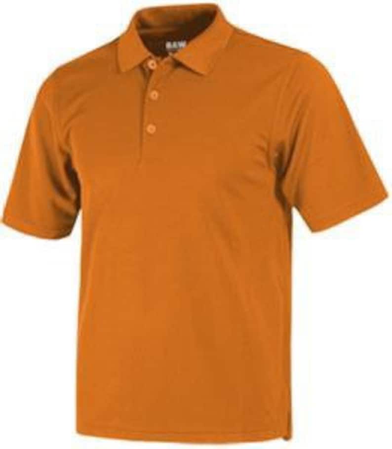 May include: A solid orange short-sleeved polo shirt with a button-down collar.