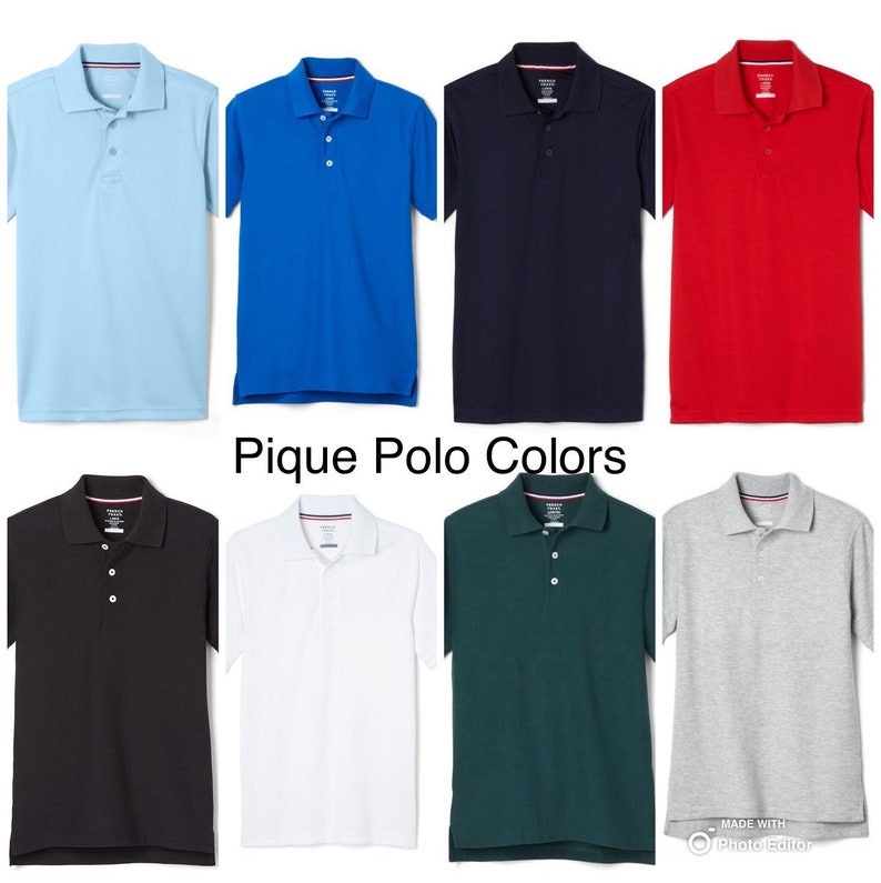 Puede incluir: Un conjunto de diez polos de piqu&eacute; en varios colores, incluyendo azul claro, azul real, azul marino, rojo, negro, blanco, verde y gris. Las camisas son todas de manga corta y tienen un cuello abotonado. Colores de polos de piqu&eacute;.