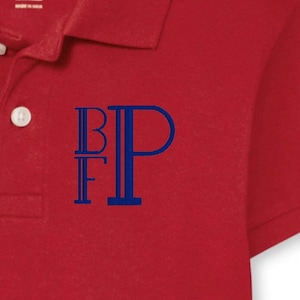 May include: Red polo shirt with a navy blue embroidered monogram "BP" on the left chest.