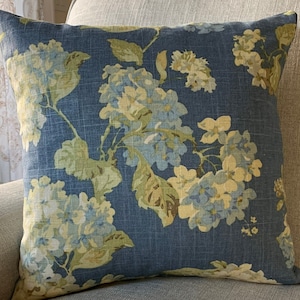 Waverly Rolling Meadows Blue Hydrangea Pillow Cover, Linen Floral Toss Pillow, Cottagecore, French Country, English Farmhouse, Coastal