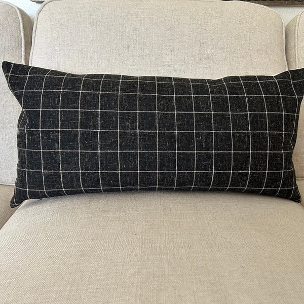 Black Plaid Pillow Cover, Modern Sofa Cushion Case, Farmhouse Toss Pillow Sham, Minimalist Charcoal Check Pillow, Country Cottage Lumbar