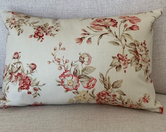 English Cottage Floral and Ticking Pillow Cover, French Country, Farmhouse Sofa Cushion Cover, Shabby Chic Decor, Red Floral Lumbar Cover