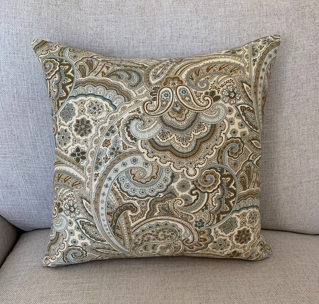Blue and Brown Paisley Pillow Cover, Linen Blend Fabric, Beach House