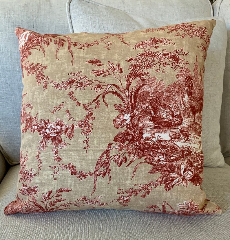 Tan Ruby Cream Fabric Cottage French Country D\u00e9cor Farmhouse Waverly Designer Fabric Toile Linen Rooster /& Floral Pillow Cover Rustic