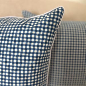 May include: A square throw pillow featuring a blue and white gingham check pattern. The pillow is finished with a crisp white piping along the edges, providing a defined border to the fabric design. The textile has a visible woven texture.