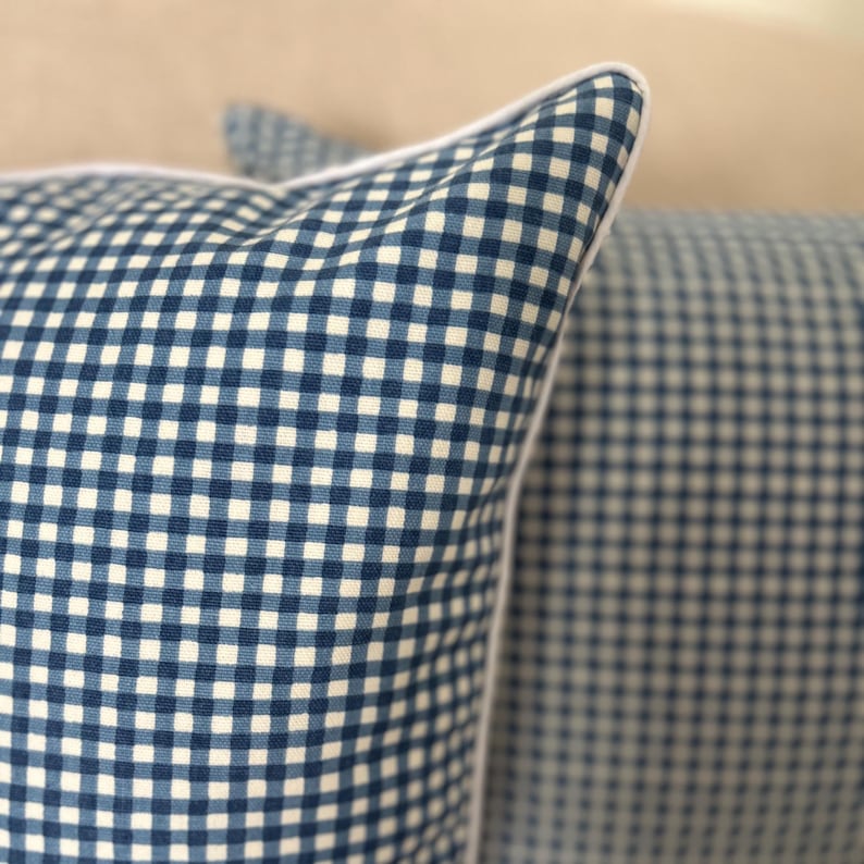 May include: A square throw pillow featuring a blue and white gingham check pattern. The pillow is finished with a crisp white piping along the edges, providing a defined border to the fabric design. The textile has a visible woven texture.