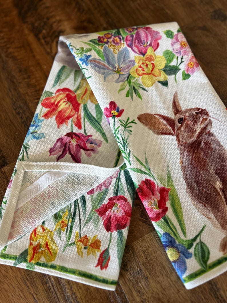 Bunny & Floral Cotton Tea Towel: Colorful Kitchen Decor, Eco-Friendly