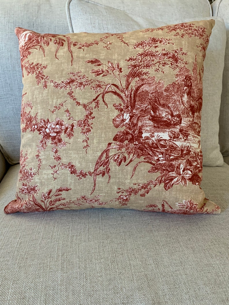 Tan Ruby Cream Fabric Cottage French Country D\u00e9cor Farmhouse Waverly Designer Fabric Toile Linen Rooster /& Floral Pillow Cover Rustic