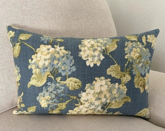 Blue Hydrangea Pillow Cover, Linen Floral Toss Pillow, French Cottagecore